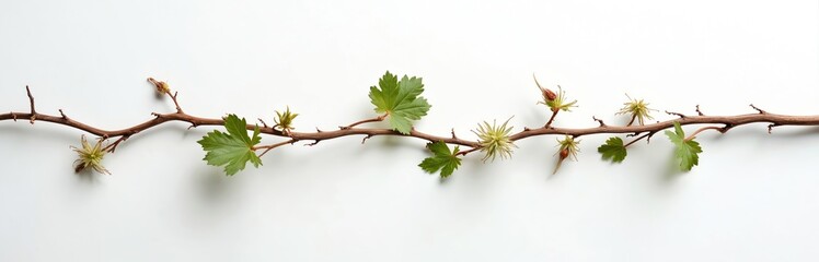 Grapevine branch with green leaves, buds, tendrils on white background. Botanical nature element, close-up of fresh grapevine twig. Isolated object. Ideal for food blog, wine tasting articles.
