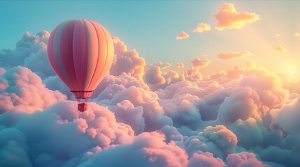 Obraz premium A vibrant hot air balloon floats above fluffy pink clouds at sunrise, creating a dreamlike and serene atmosphere.