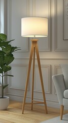 Lit lamp, tripod base, against panelled wall