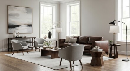 Modern Living Room Interior Design - Elegant and modern living room with brown leather sofa, gray armchairs, wooden coffee table, and large windows