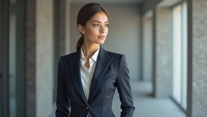 A confident, intelligent woman in a sharp business suit stands poised with elegance. Her gaze reflects ambition, power, and grace