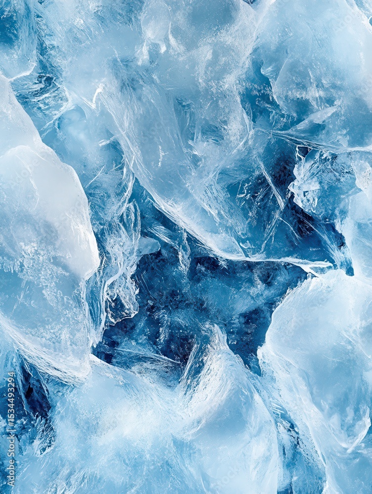 Poster a close-up view of icy textures in various shades of blue, creating a frozen and serene visual effec