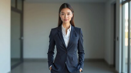 A confident, intelligent woman in a sharp business suit stands poised with elegance. Her gaze reflects ambition, power, and grace