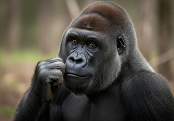 Obraz premium Powerful Gorilla Portrait - Close-up portrait of a thoughtful gorilla, hand to chin, set against a blurred natural background