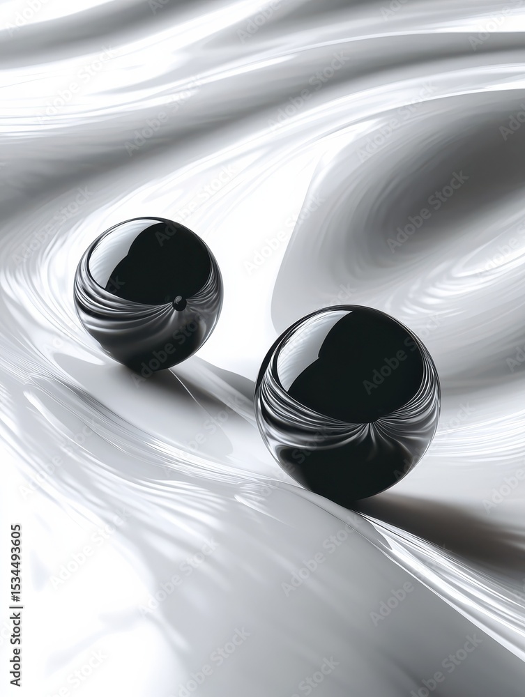 Poster background with black and white glossy spheres on the current wavy surface. a minimalistic and abstr