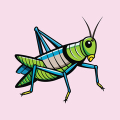Vibrant cartoon illustration of a grasshopper with striking green and blue colors