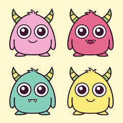 Adorable collection of colorful cartoon monsters with horns and various smiling expressions