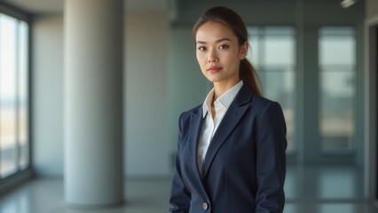 A confident, intelligent woman in a sharp business suit stands poised with elegance. Her gaze reflects ambition, power, and grace