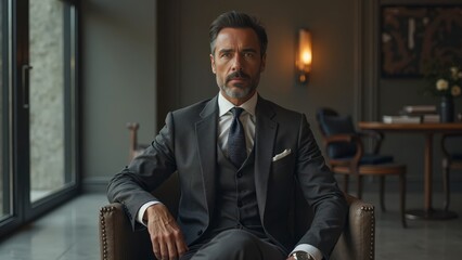 A confident, intelligent man in a sharp business suit stands poised with elegance. Her gaze reflects ambition, power, and grace