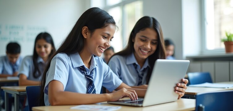 Indian high school female students using tablets for learning in modern classroom. Girls work together with a laptop, collaborative project at school. Tech in education concept.