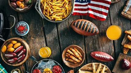 The 4th of July feast with football-shaped foods, fries, and an American flag, set on a wooden table. Independence Day ads, sports events, or patriotic celebrations. - Powered by Adobe