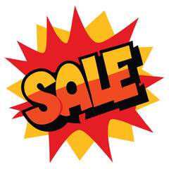 Bold and colorful comic book style sale announcement isolated on white background