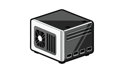 Fototapeta premium Isometric View of a Black and White Square Computer Case with Fan Design
