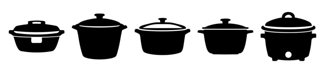 A collection of kitchen appliances or cooking pots in a row