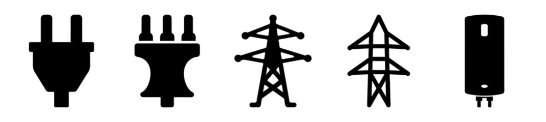 Collection of Electrical Components and Energy Infrastructure Icons in Black and White