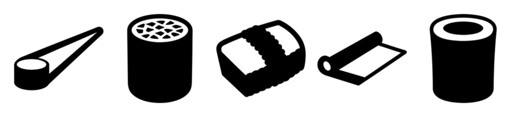 Abstract black and white illustrations of various types of sushi rolls