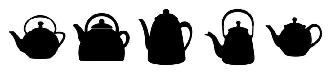 A Variety of Teapots Silhouetted Against a White Background, Perfect for Tea Lovers