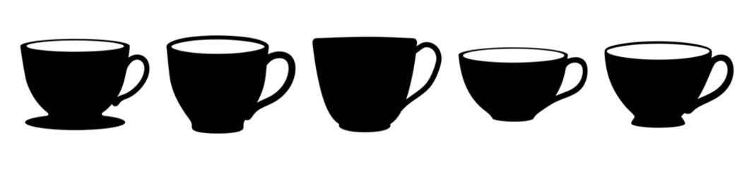 An array of simple black and white coffee cups in various shapes