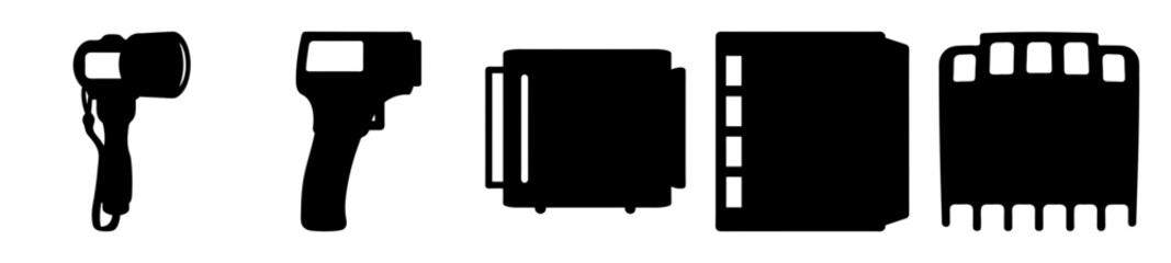 Monochrome Illustration of Vintage Photography Equipment Including Camera, Film and Light Meter