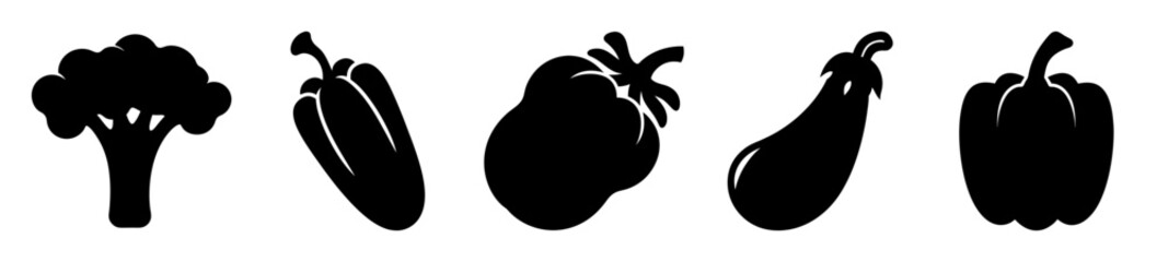 Silhouette of Fresh Vegetables Set, Broccoli, Peppers, and Eggplant Illustration