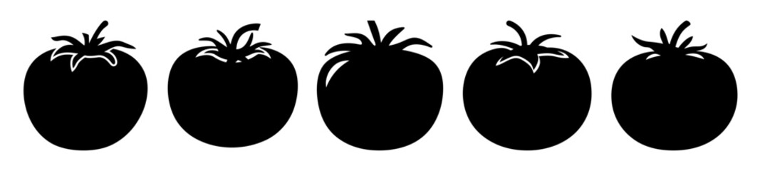 Five stylized tomatoes in a row, shown in black silhouette illustration