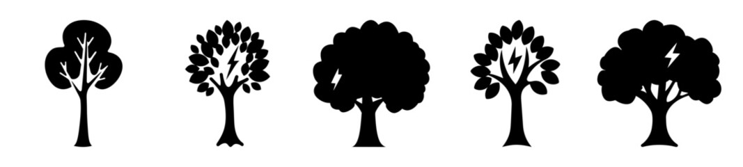 A collection of five diverse tree silhouette vector illustrations for design