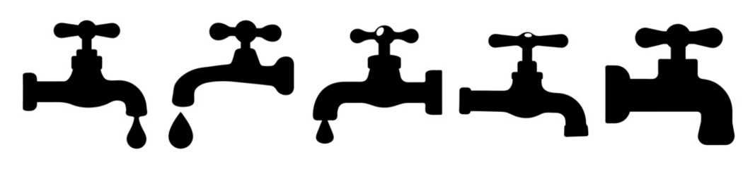 Silhouette Collection of Water Faucets with Dripping Drops on a White Background
