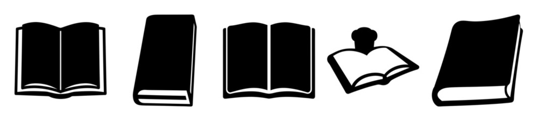 Collection of Five Stylized Black and White Book Illustrations on White Background