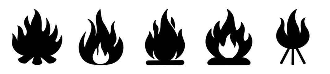 Collection of various stylized black and white fire flame icons set