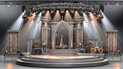 Stage of dreams in silver with glowing lights, a guitar sitting on the top platform, a drum set off to the side and an arched gate surrounding the guitar for a polished musical performance.