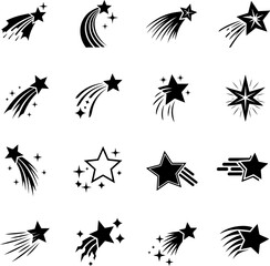 Fototapeta premium Collection of black and white shooting star icons.
