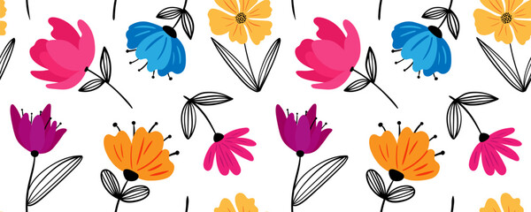abstract flowers seamless pattern – bright pink, blue, orange, yellow blossoms with black line art leaves for spring summer textile and wallpaper © pani_Nadichka