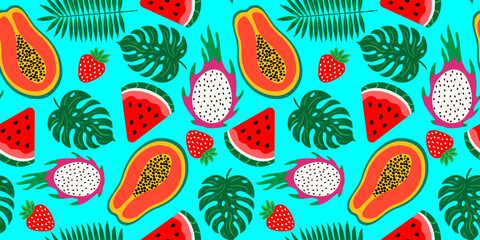 seamless tropical fruit pattern with papaya, dragon fruit, watermelon, strawberry palm leaves on light blue background summer design decor