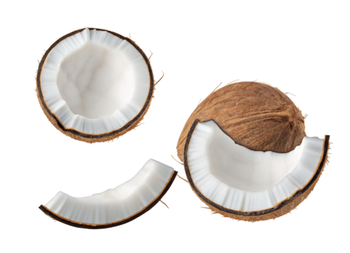 Isolated coconuts halves and pieces on black background for healthy food and tropical fruit concept