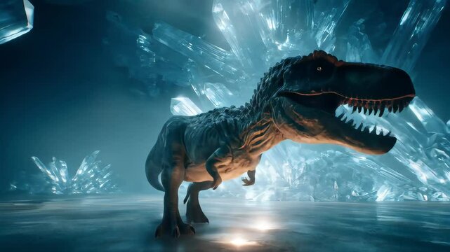 A fierce tyrannosaurus rex stands powerfully against a shimmering blue crystal background Light glints creating a sense of prehistoric wonder A compelling display of ancient power