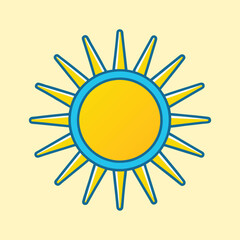 Cartoon Sun with Rays in Yellow and Blue Colors on Beige Background