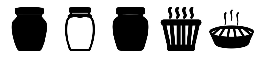 Collection of five food related icons featuring jars and heated dishes