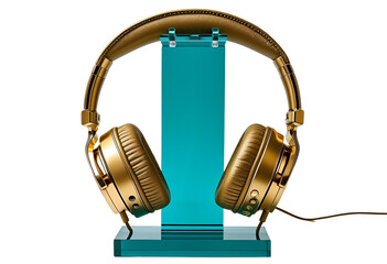 Gold headphones on teal acrylic stand against vibrant gradient display.