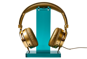 Gold headphones on teal acrylic stand against vibrant gradient display.