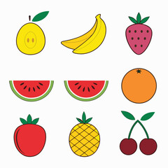 Colorful cartoon illustrations of various fresh fruits with outlines on a white background