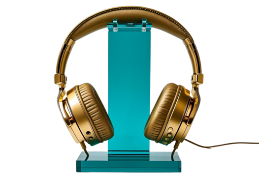 Gold headphones on teal acrylic stand against vibrant gradient display.