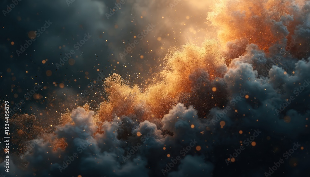 Poster golden particles swirling in smoky abstract space background. dynamic cosmic nebula texture with gol