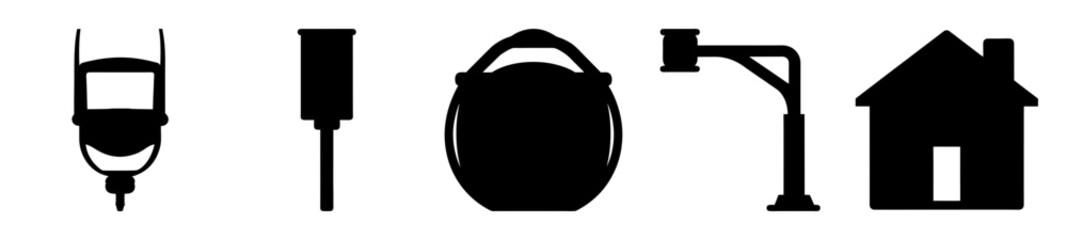 A collection of black and white silhouettes representing various common objects