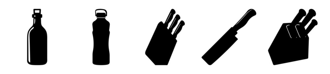 Obraz premium Black silhouette of bottles and knife blocks kitchen utensil elements vector illustration
