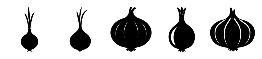 Black silhouettes of various onion stages, bulbs and greens, in a row