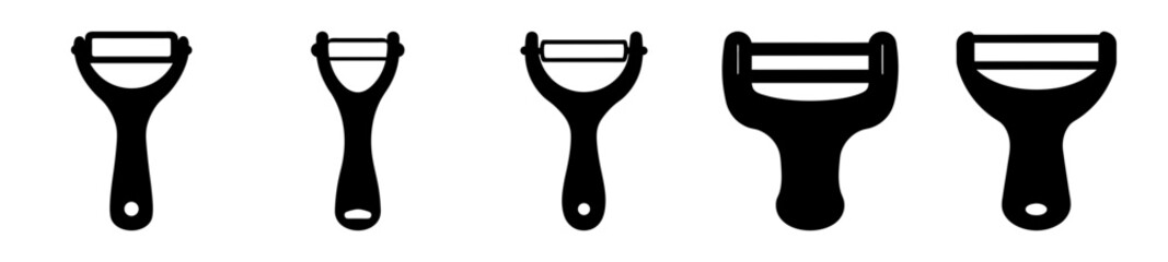 Black silhouette illustration showcasing different vegetable peelers isolated on white background