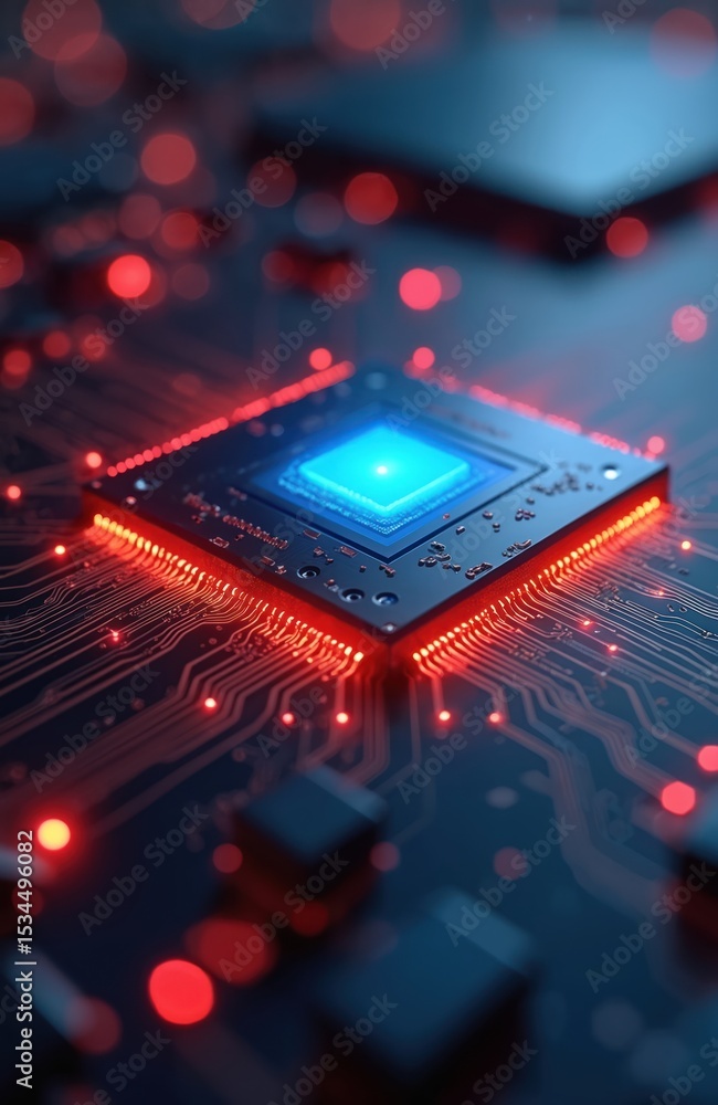 Poster futuristic illustration of quantum computer with glowing red circuits, blue core, digital tech. adva