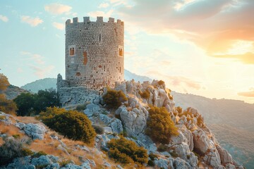 Ancient stone tower atop a rocky hill, surrounded by scenic landscape and bright sunset sky, evoking history and exploration.