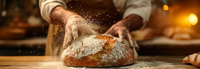 Artisan baker skillfully kneads fresh dough, creating delicious bread with floury hands in a warm, inviting kitchen.