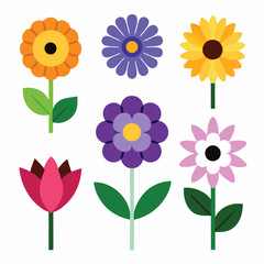 Colorful flat design floral arrangement showcasing six different stylized flower illustrations